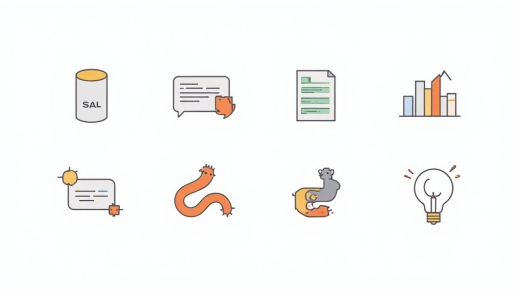 A collection of colorful icons depicting a database, chat, document, bar chart, and a lightbulb, representing data analysis concepts.