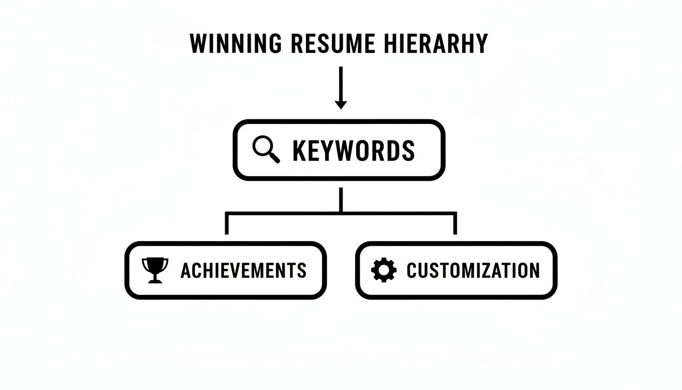 A diagram illustrating the winning resume hierarchy: keywords, achievements, and customization.