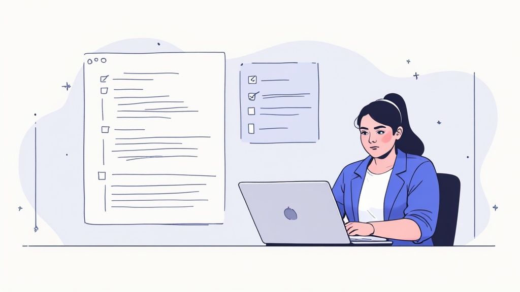 A focused woman in a blue blazer works on a laptop with task lists visible.