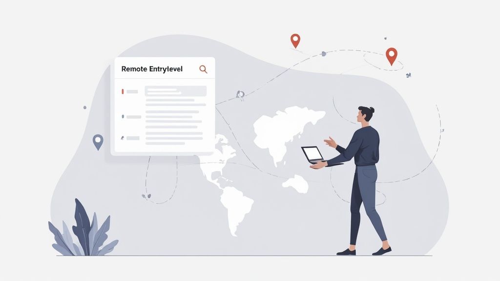 Illustration of a person using a laptop to find remote entry-level jobs worldwide.