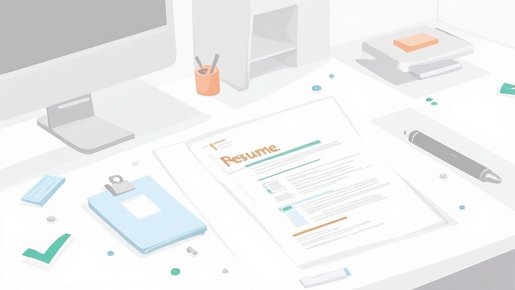 A clean desk setup with a computer, resume, pen, and office supplies, suggesting a job application.