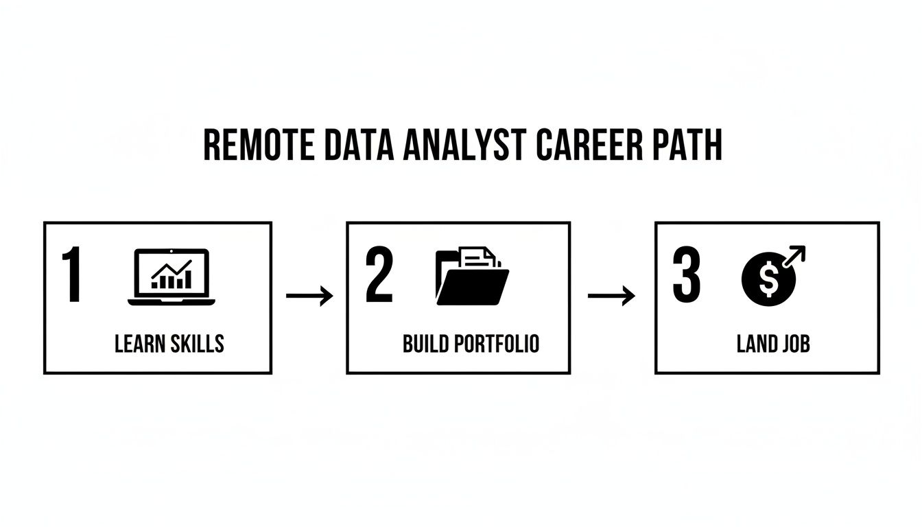 Infographic illustrating the remote data analyst career path with three steps: learn skills, build portfolio, and land job.