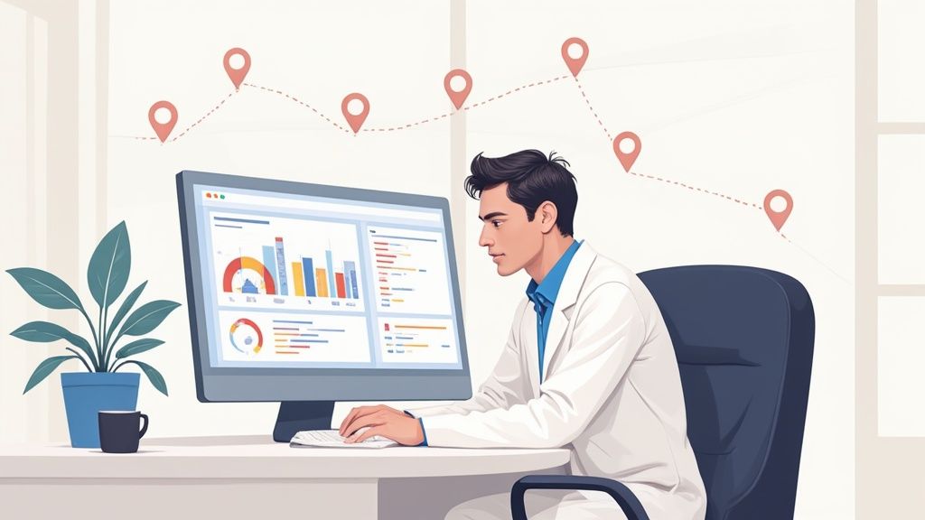 A man in a white jacket analyzes data on a computer displaying charts and graphs at his desk.