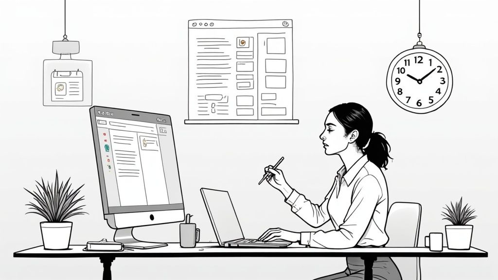 Line art illustration of a woman working at a desk with a laptop and desktop computer.