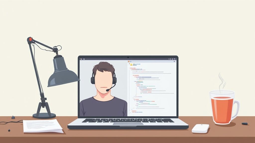 A home office desk setup with a laptop showing a video call and code editor, a lamp, papers, a mouse, and a steaming cup.