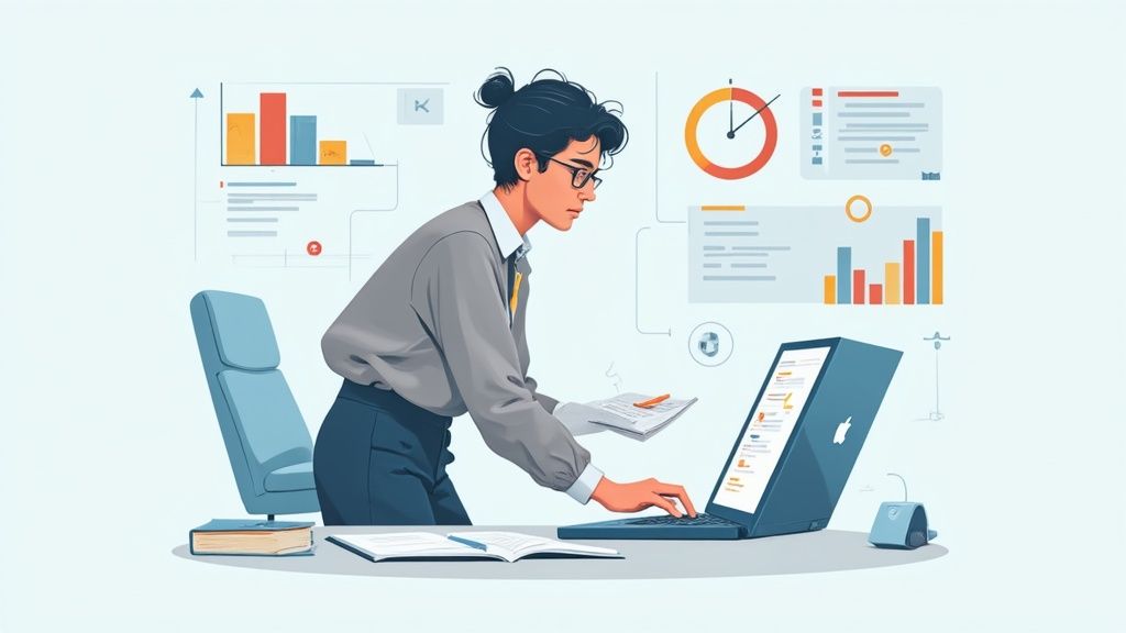 Illustration of a data analyst working on a laptop with various data dashboards.