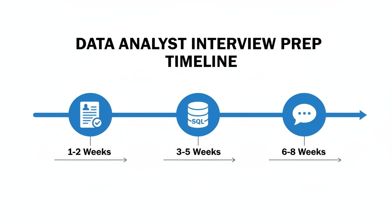 Data analyst interview preparation timeline showing stages for resume, SQL, and interview over 8 weeks.