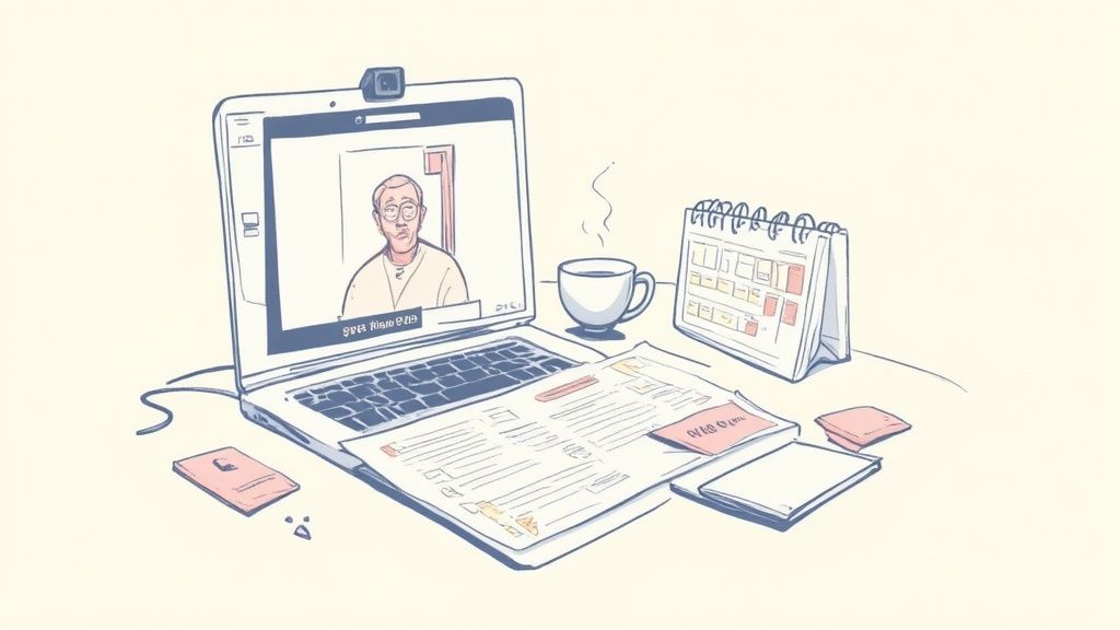 An illustrated desk with a laptop displaying a video call, coffee, calendar, and interview documents.