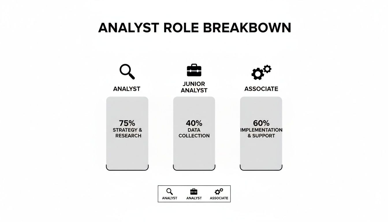 Breakdown of tasks for Analyst, Junior Analyst, and Associate roles with percentage allocations.