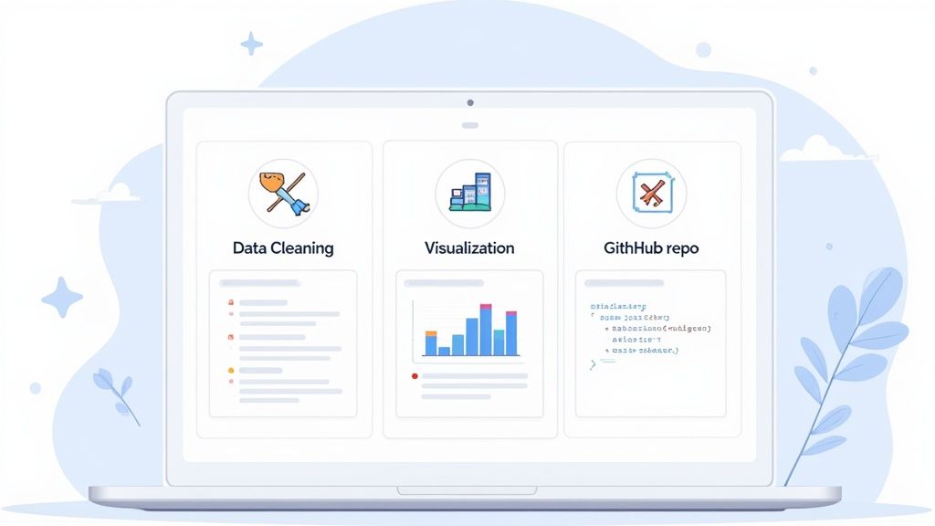 A laptop screen displaying three cards: Data Cleaning, Visualization, and GitHub repo, illustrating data workflow.