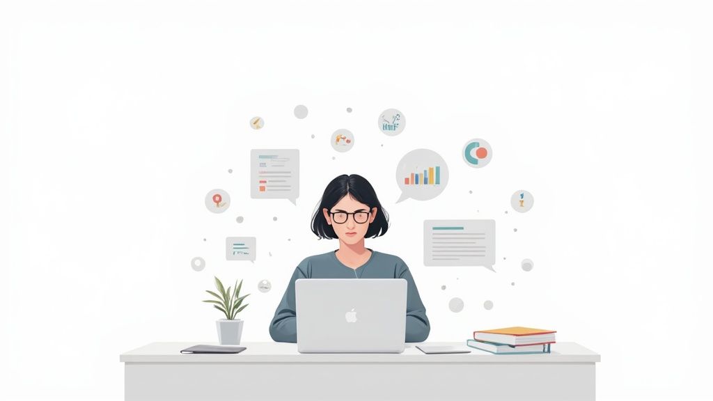 A woman with glasses works on a laptop at a desk, surrounded by various work icons.