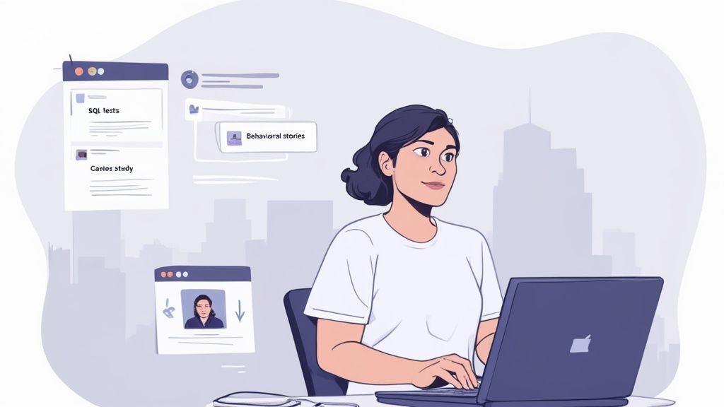 An illustration of a woman working remotely on her laptop with various online learning modules.