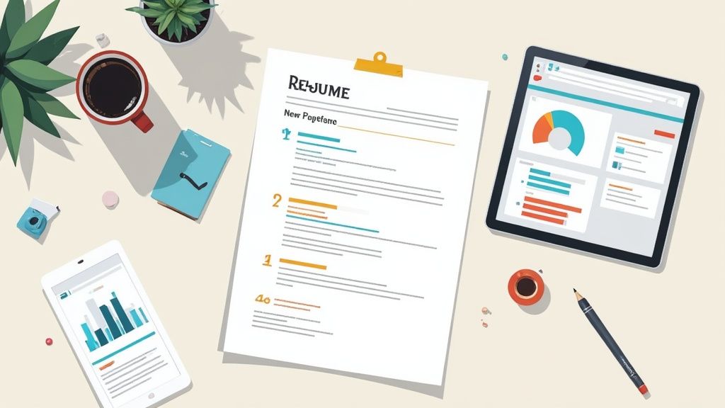 A clean, organized desk flat lay with a resume, tablet, smartphone, coffee, and plant.