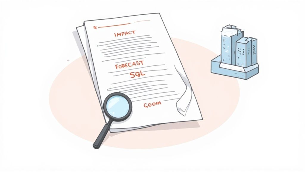Illustration showing business documents with keywords like 'SQL', a magnifying glass, and blue buildings.