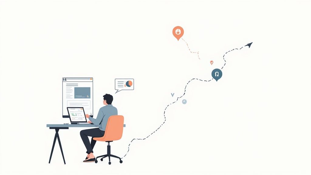 An illustration of a person working at a desk with a laptop, visualizing a journey or data flow.
