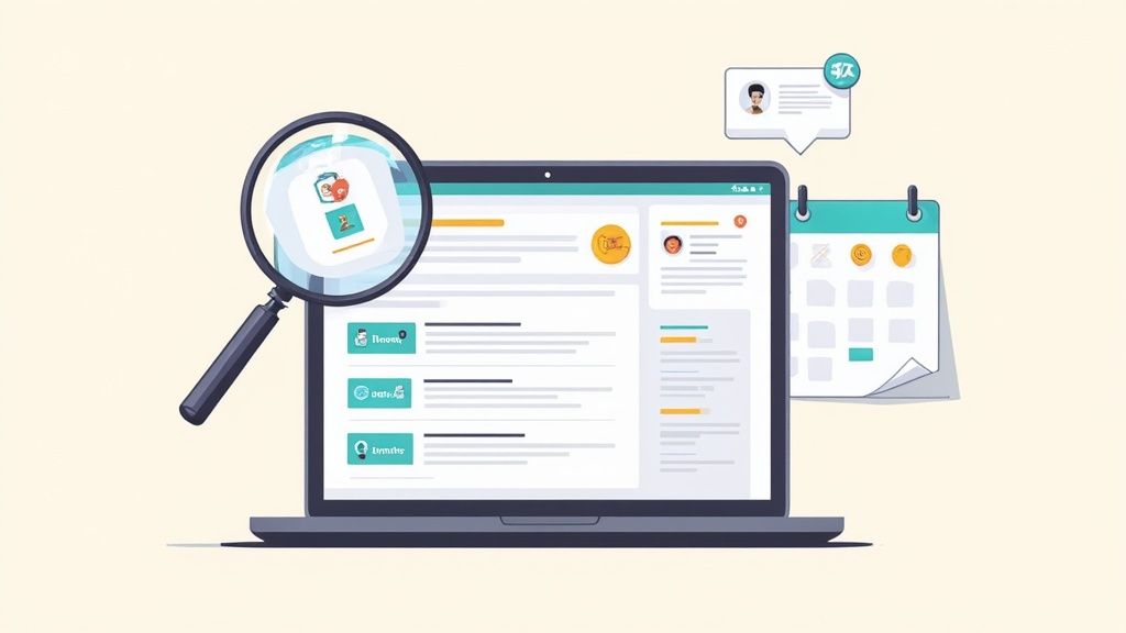 A magnifying glass searches for data on a laptop screen, with a calendar and chat notification.
