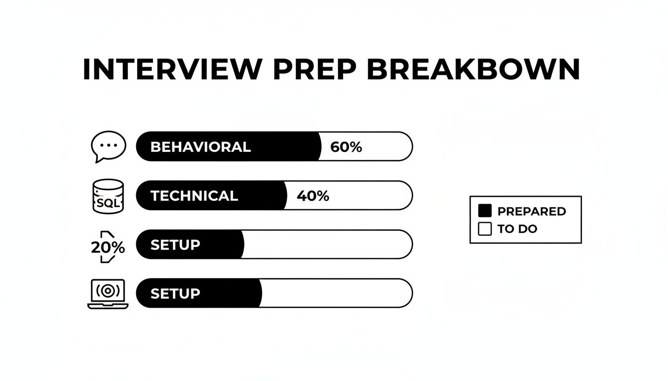 Interview preparation breakdown with progress bars for behavioral, technical, and setup tasks.