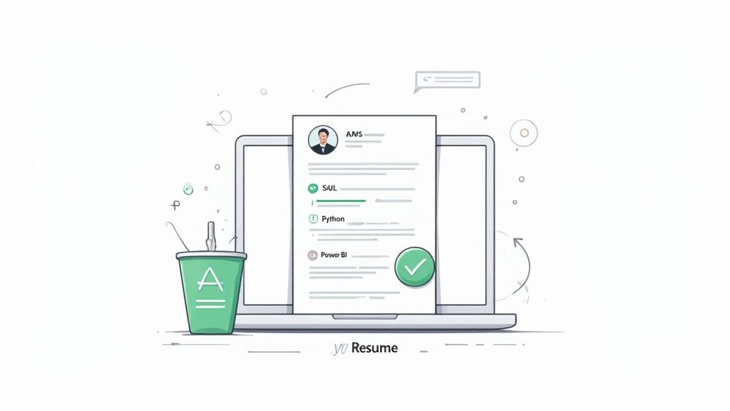 A digital resume displayed on a laptop screen, highlighting skills like SQL, Python, and Power BI, with a green cup.