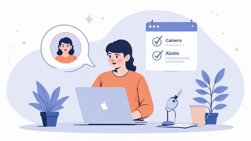 A woman works on a laptop at a desk with plants, a microphone, and a checklist, indicating remote work or an online meeting.