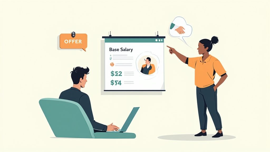 Illustration of two people discussing a job offer and base salary displayed on a screen.