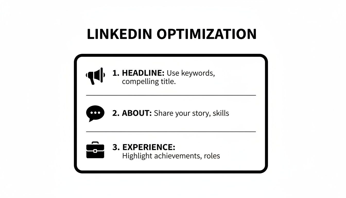 A visual guide to LinkedIn profile optimization, detailing tips for headline, about, and experience sections.