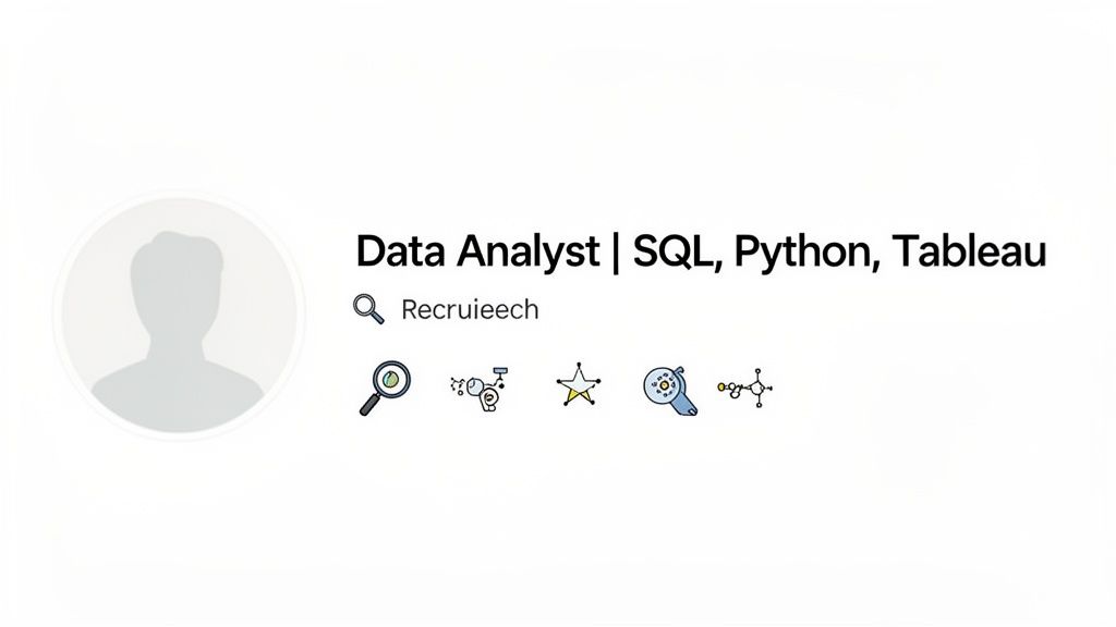 LinkedIn profile of a data analyst, featuring skills in SQL, Python, Tableau, and various icons.
