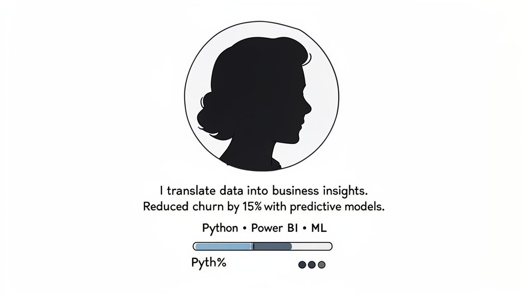A professional profile highlighting data translation into business insights, reduced churn with predictive models, and skills in Python, Power BI, ML.