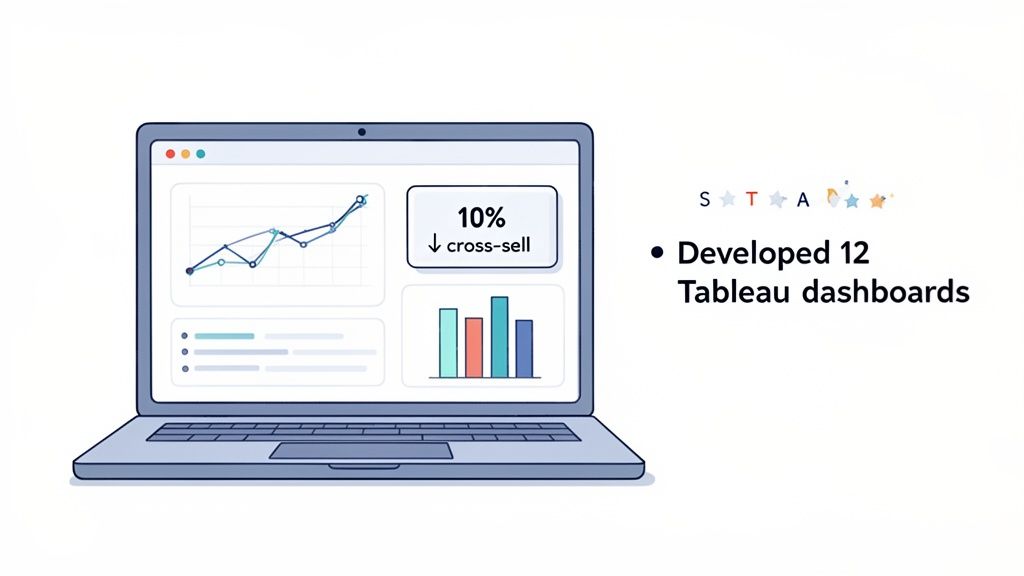 A laptop displays data dashboards with charts, showing 10% cross-sell and mentioning 12 Tableau dashboards.