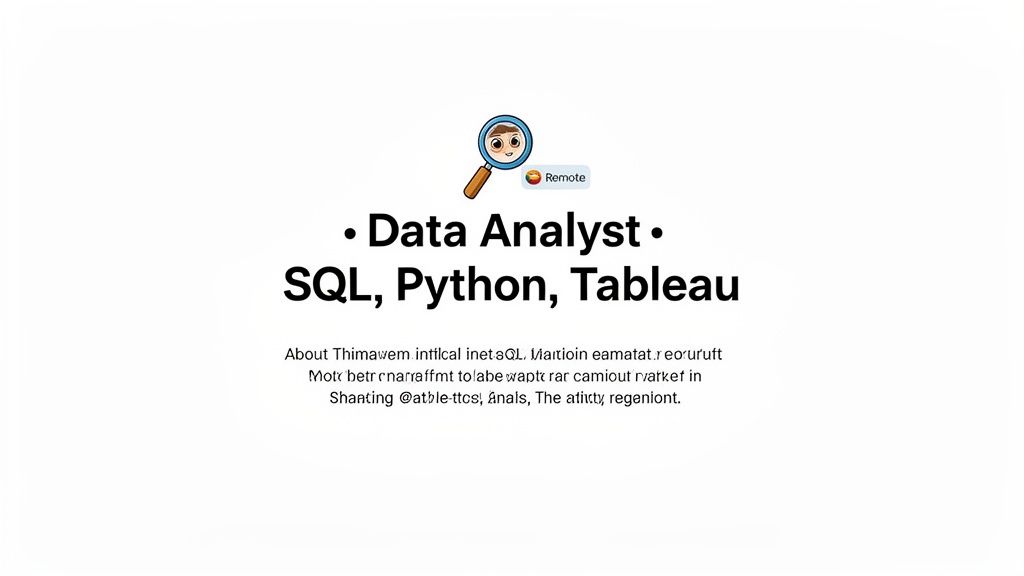 An illustration of a data analyst with a magnifying glass icon, showcasing skills in SQL, Python, and Tableau for a remote position.