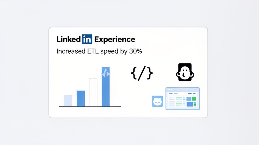LinkedIn experience card showing 30% ETL speed increase with bar chart, code icon, and interface.