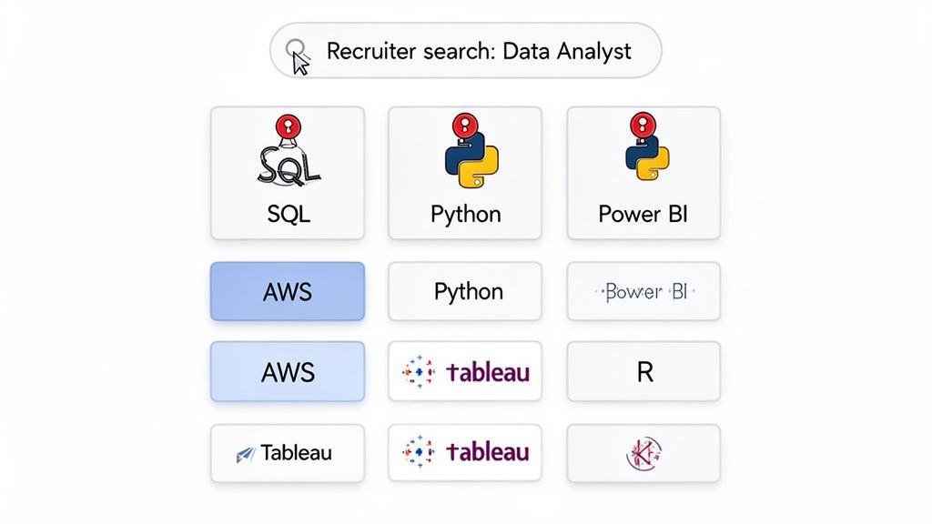 A recruiter search interface displaying various skills for a Data Analyst, including SQL, Python, AWS, and Tableau.