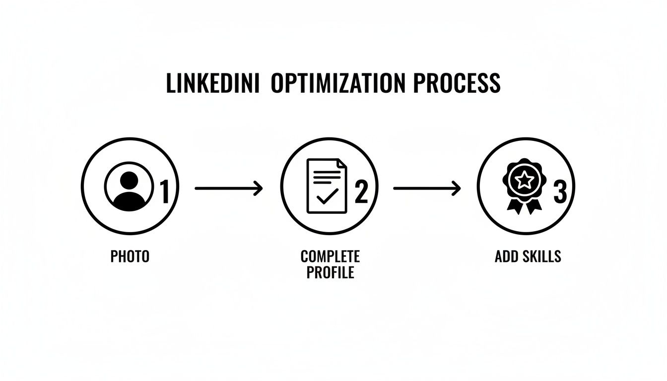 A three-step infographic illustrating the LinkedIn optimization process: Photo, Complete Profile, and Add Skills.