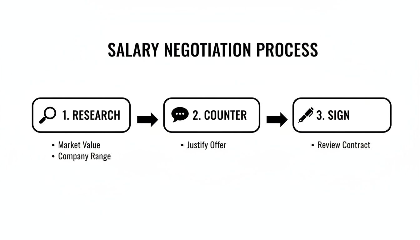 A flowchart illustrates the three-step salary negotiation process: Research, Counter, and Sign, with key actions for each stage.