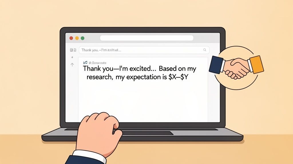 A person typing an email about salary expectations on a laptop, with a handshake icon.