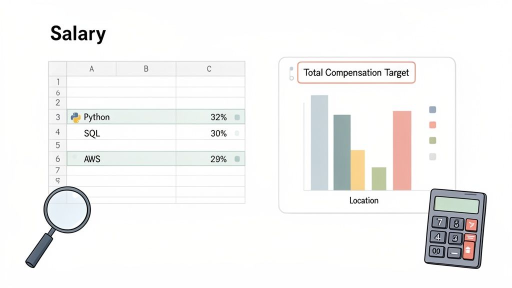 A spreadsheet showing Python, SQL, and AWS skills with percentages, next to a compensation bar chart and calculator.