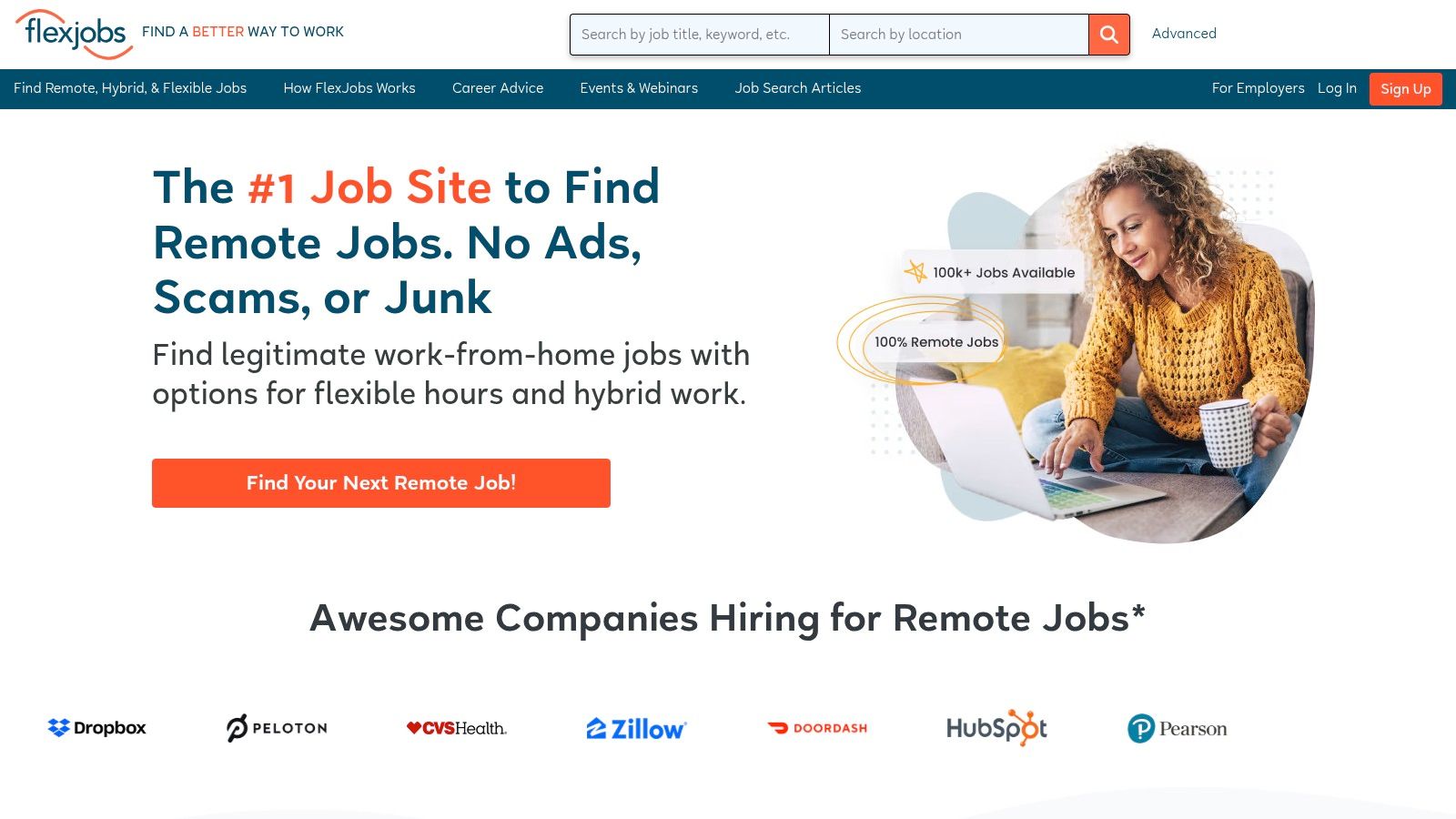 FlexJobs job search interface showing remote job listings and filter options