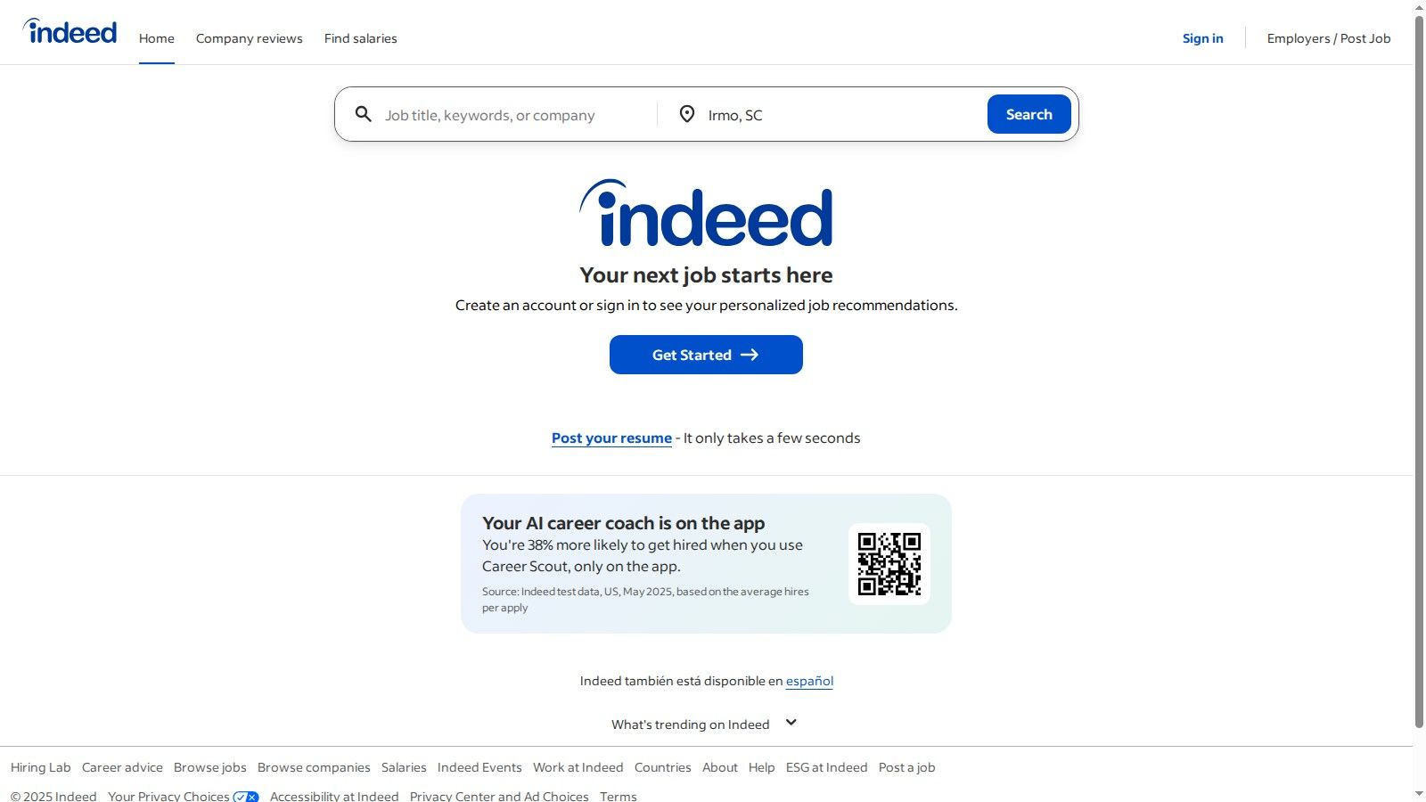 Indeed homepage showing the job search bar and location input