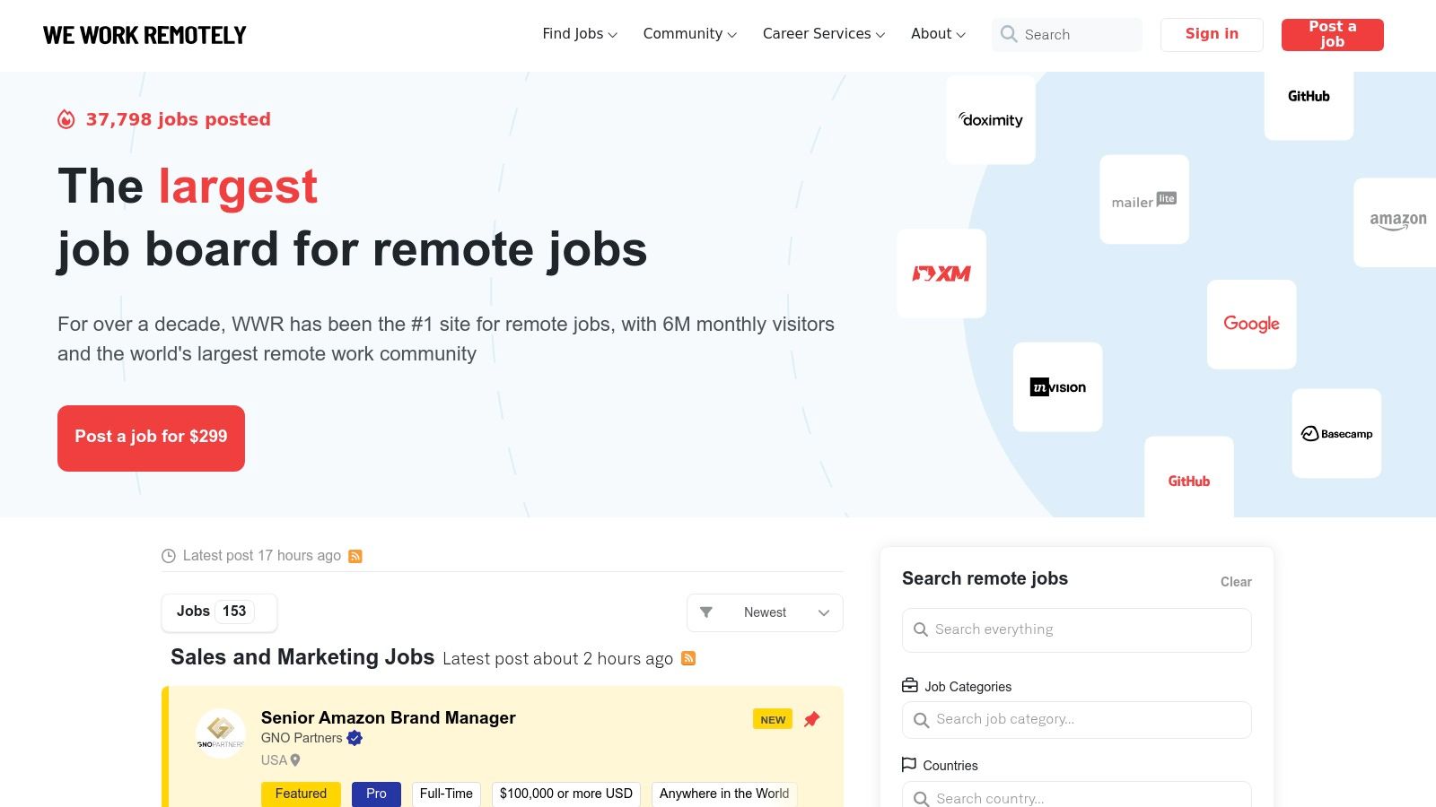 We Work Remotely (WWR) job board showing various remote job categories and listings