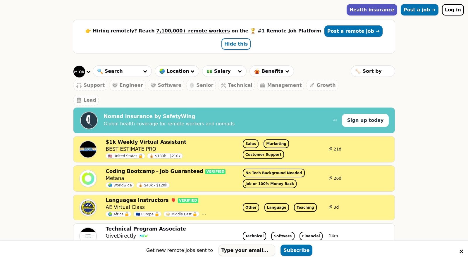 Remote OK job board interface showing various remote job listings with tags for location and skills
