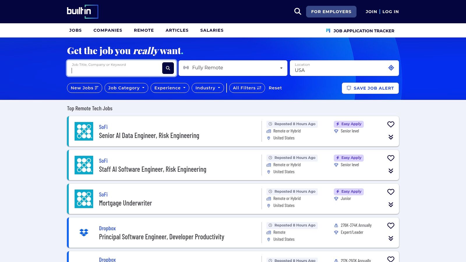 Built In remote job search interface with filters for job category and location