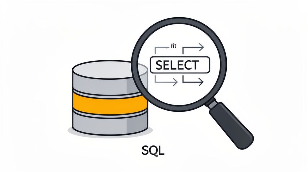 A magnifying glass highlights a 'SELECT' SQL query over a database icon, representing data retrieval.