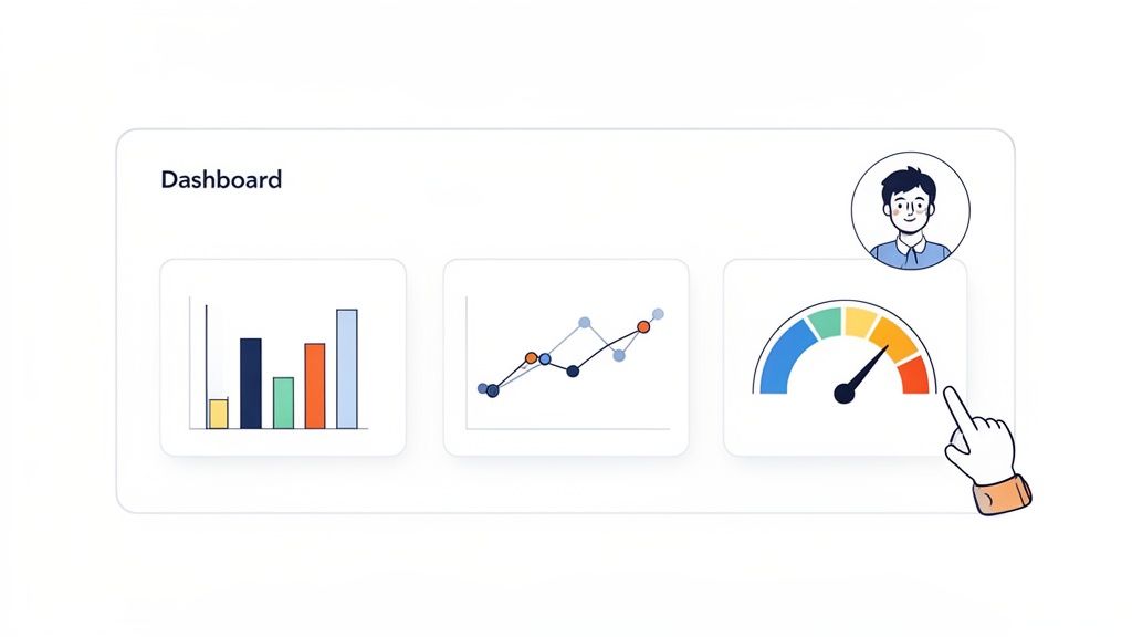 A clean data dashboard showing a bar chart, line graph, and a speedometer gauge, with a hand cursor interaction.