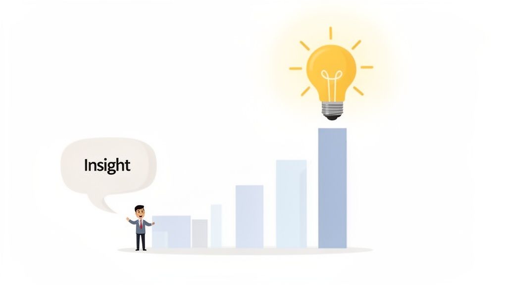 A cartoon businessman stands by a bar chart, with a lightbulb representing 'Insight'.