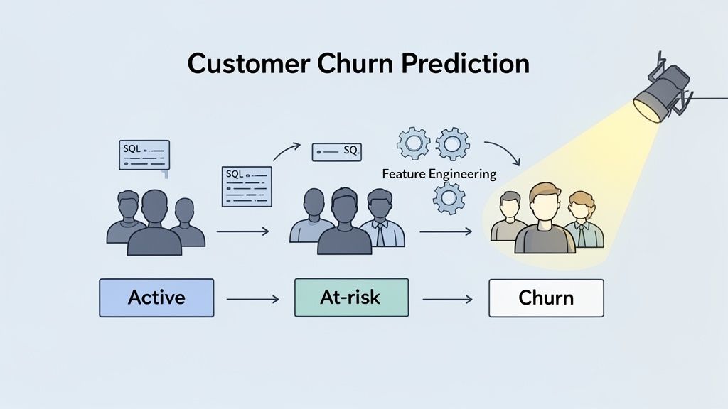 Diagram illustrating customer churn prediction process, from active users to at-risk and churned customers using SQL and feature engineering.