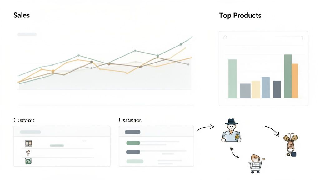A business analytics dashboard displaying sales trends, top products, customer data, and a user interaction flow.