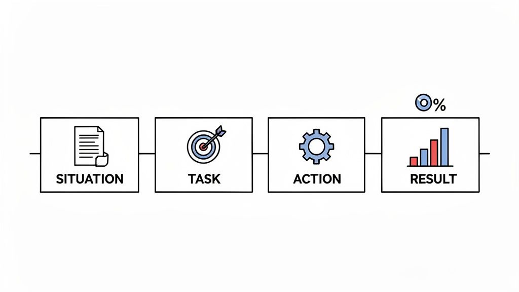 A diagram illustrating the STAR method process: Situation, Task, Action, and Result, with corresponding icons.