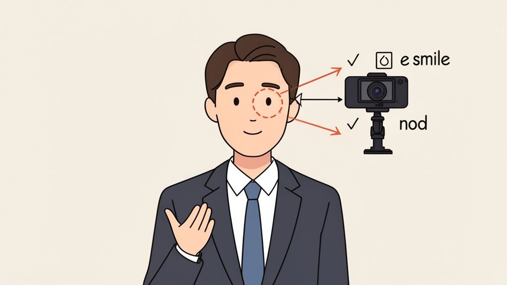 Cartoon man in a suit with a camera detecting e-smile and nod for virtual interviews.