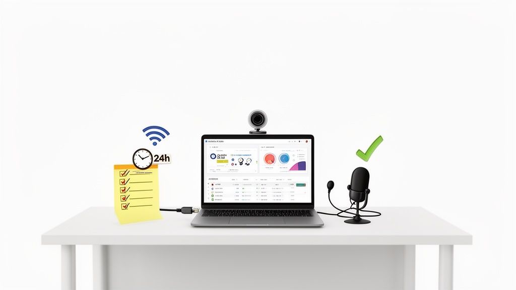 Virtual interview setup with a laptop, webcam, microphone, checklist, and Wi-Fi symbol.