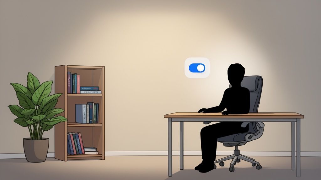 A person's silhouette at a desk with a plant, bookshelf, and a glowing blue toggle switch.