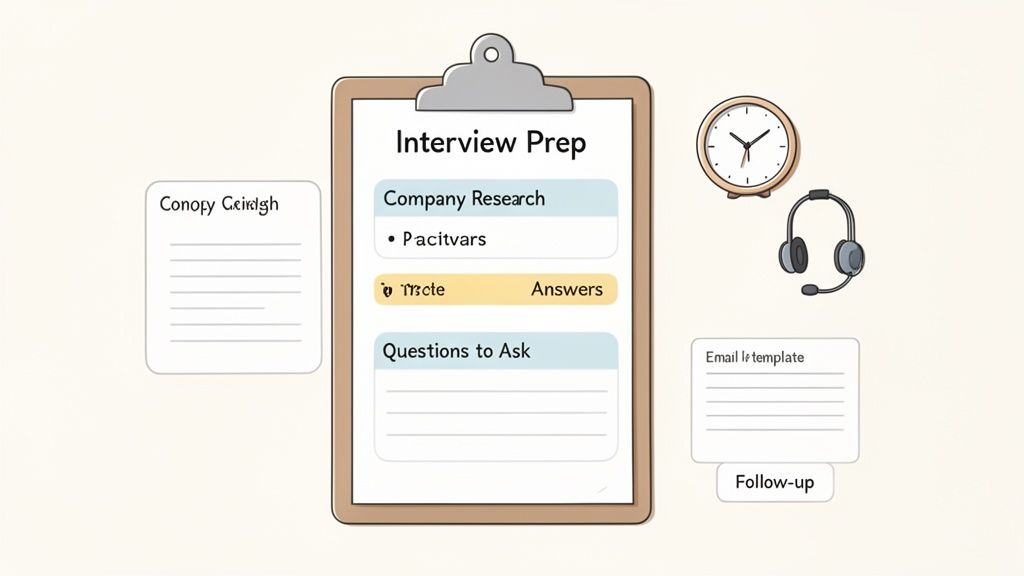 A detailed interview preparation checklist on a clipboard with notes, a clock, and headphones.